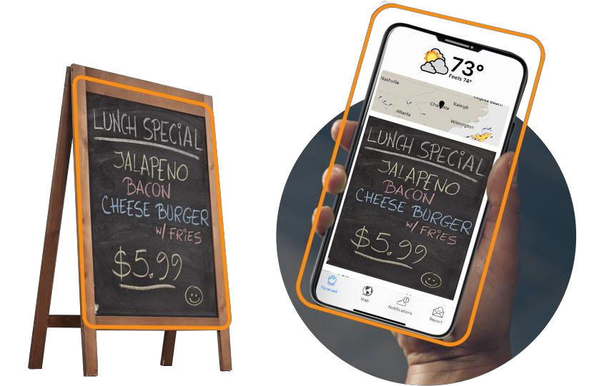 Original CHALK artwork: a sidewalk lunch-special chalkboard becomes the same offer on a smartphone