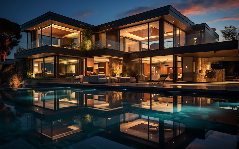 Contemporary luxury residence at dusk